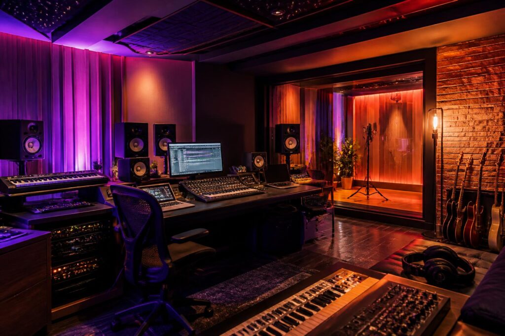 Studio musik dengan pencahayaan panggung berwarna-warni untuk menggambarkan perilisan album K-pop terbaru