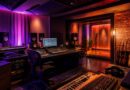 Studio musik dengan pencahayaan panggung berwarna-warni untuk menggambarkan perilisan album K-pop terbaru