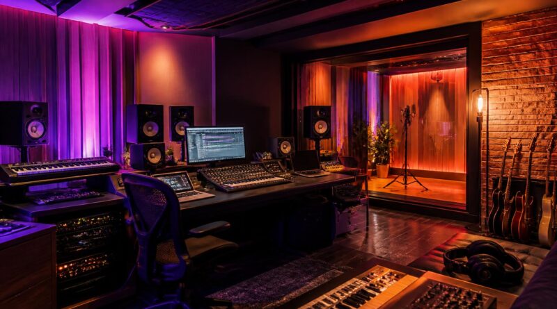 Studio musik dengan pencahayaan panggung berwarna-warni untuk menggambarkan perilisan album K-pop terbaru